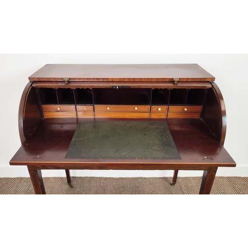 100 - CYLINDER DESK, 19th century Georgian Revival mahogany and satinwood with inlaid fall enclosing drawe... 