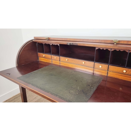 100 - CYLINDER DESK, 19th century Georgian Revival mahogany and satinwood with inlaid fall enclosing drawe... 