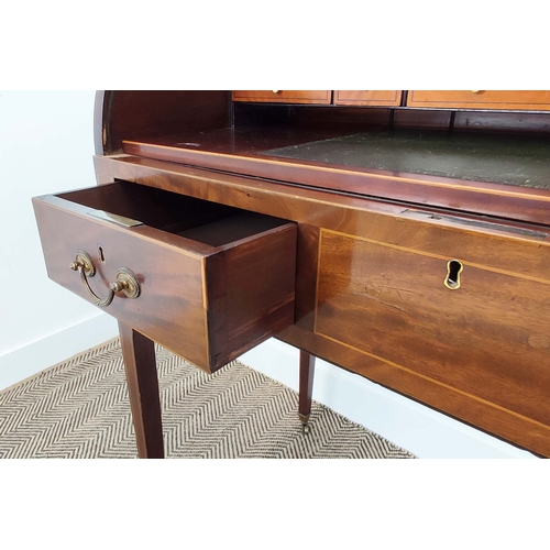 100 - CYLINDER DESK, 19th century Georgian Revival mahogany and satinwood with inlaid fall enclosing drawe... 