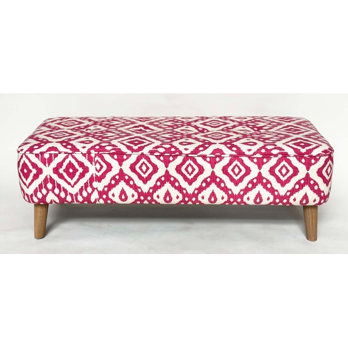 102 - WINDOW SEAT, rectangular raspberry batik print cotton - buttoned and sewn on tapering oak supports, ... 