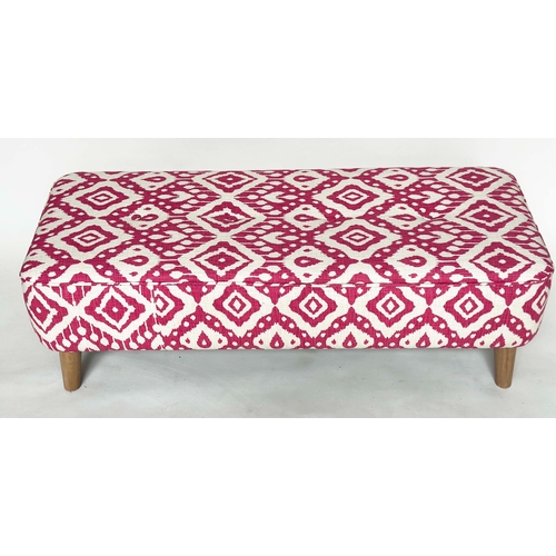 102 - WINDOW SEAT, rectangular raspberry batik print cotton - buttoned and sewn on tapering oak supports, ... 