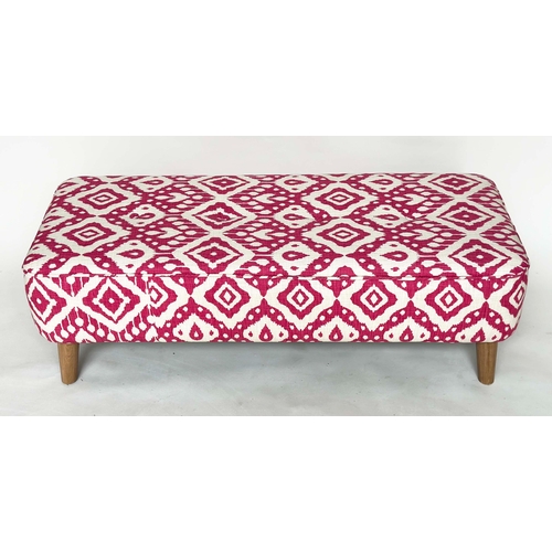 102 - WINDOW SEAT, rectangular raspberry batik print cotton - buttoned and sewn on tapering oak supports, ... 