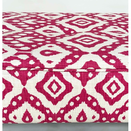 102 - WINDOW SEAT, rectangular raspberry batik print cotton - buttoned and sewn on tapering oak supports, ... 