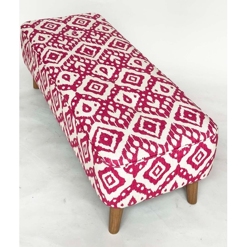 102 - WINDOW SEAT, rectangular raspberry batik print cotton - buttoned and sewn on tapering oak supports, ... 