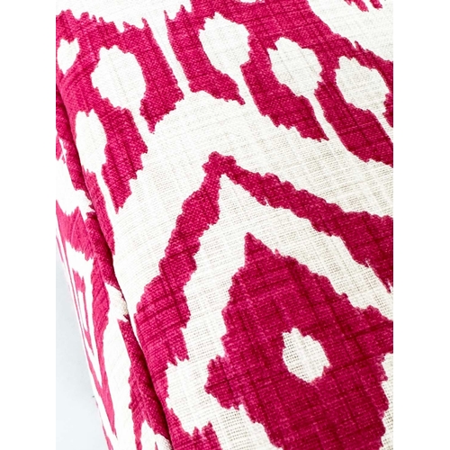 102 - WINDOW SEAT, rectangular raspberry batik print cotton - buttoned and sewn on tapering oak supports, ... 