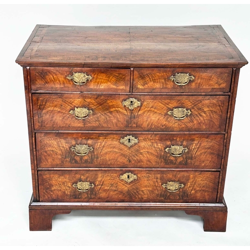 103 - CHEST, early 18th century English Queen Anne figured walnut, and crossbanded with two short and thre... 