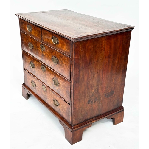 103 - CHEST, early 18th century English Queen Anne figured walnut, and crossbanded with two short and thre... 