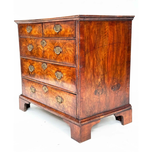 103 - CHEST, early 18th century English Queen Anne figured walnut, and crossbanded with two short and thre... 