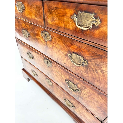 103 - CHEST, early 18th century English Queen Anne figured walnut, and crossbanded with two short and thre... 