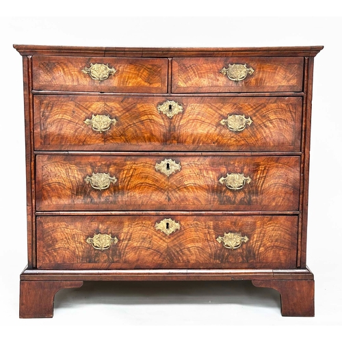 103 - CHEST, early 18th century English Queen Anne figured walnut, and crossbanded with two short and thre... 