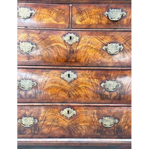 103 - CHEST, early 18th century English Queen Anne figured walnut, and crossbanded with two short and thre... 