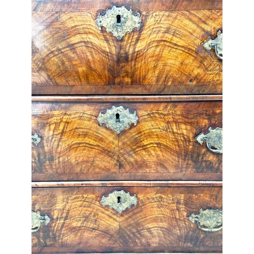 103 - CHEST, early 18th century English Queen Anne figured walnut, and crossbanded with two short and thre... 