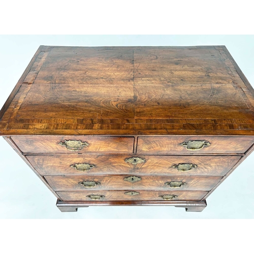 103 - CHEST, early 18th century English Queen Anne figured walnut, and crossbanded with two short and thre... 