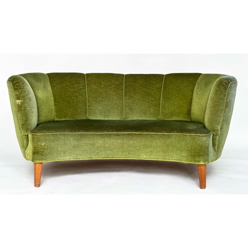 104 - DANISH SOFA, 1970s Danish bow back moss green upholstery and tapering supports, 176cm W.