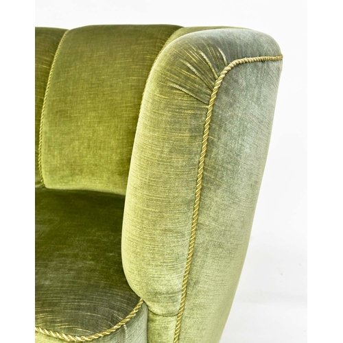 104 - DANISH SOFA, 1970s Danish bow back moss green upholstery and tapering supports, 176cm W.