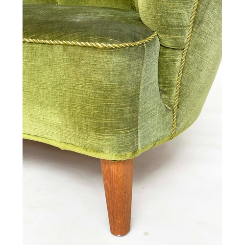 104 - DANISH SOFA, 1970s Danish bow back moss green upholstery and tapering supports, 176cm W.