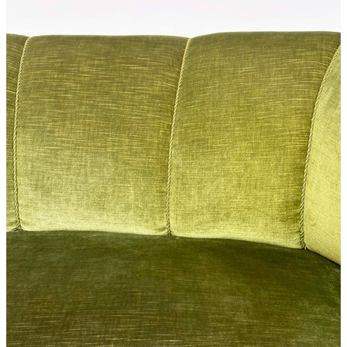 104 - DANISH SOFA, 1970s Danish bow back moss green upholstery and tapering supports, 176cm W.