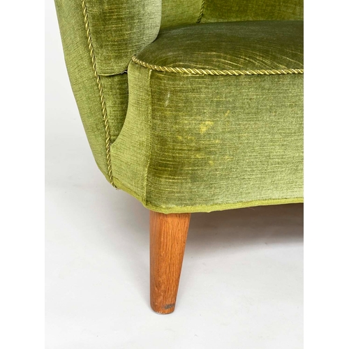 104 - DANISH SOFA, 1970s Danish bow back moss green upholstery and tapering supports, 176cm W.