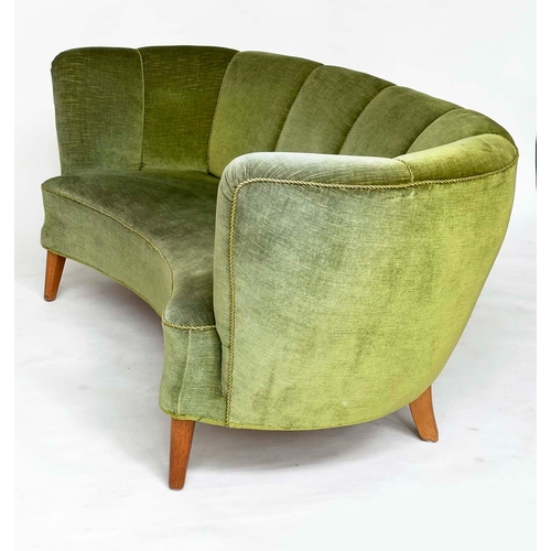 104 - DANISH SOFA, 1970s Danish bow back moss green upholstery and tapering supports, 176cm W.