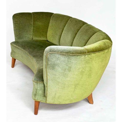 104 - DANISH SOFA, 1970s Danish bow back moss green upholstery and tapering supports, 176cm W.