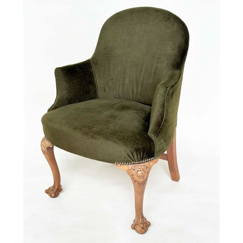 106 - ARMCHAIRS, a pair, early 20th century tub-form moss green velvet upholstered with carved walnut cabr... 