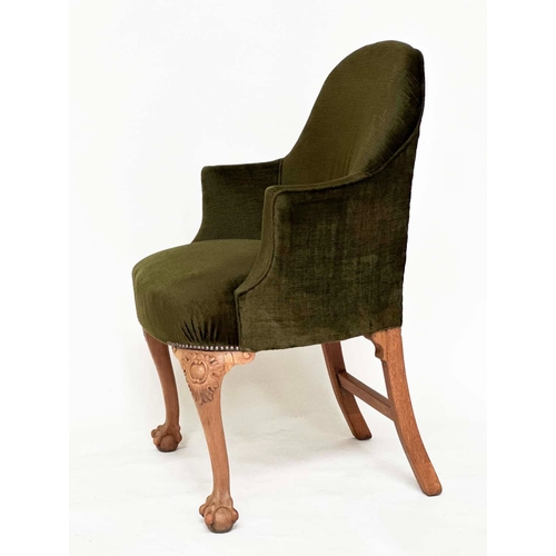 106 - ARMCHAIRS, a pair, early 20th century tub-form moss green velvet upholstered with carved walnut cabr... 