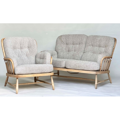 116 - ERCOL SOFA AND ARMCHAIR, beech framed with Herringbone natural linen upholstery with button backs, b... 