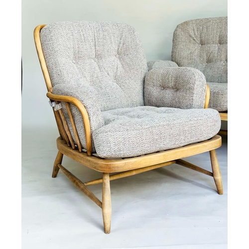 116 - ERCOL SOFA AND ARMCHAIR, beech framed with Herringbone natural linen upholstery with button backs, b... 