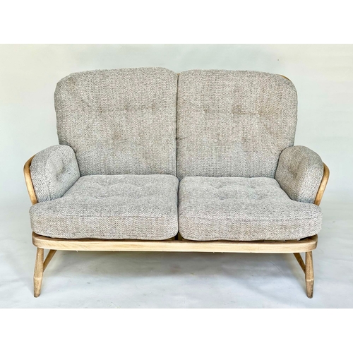 116 - ERCOL SOFA AND ARMCHAIR, beech framed with Herringbone natural linen upholstery with button backs, b... 