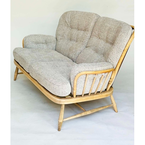 116 - ERCOL SOFA AND ARMCHAIR, beech framed with Herringbone natural linen upholstery with button backs, b... 