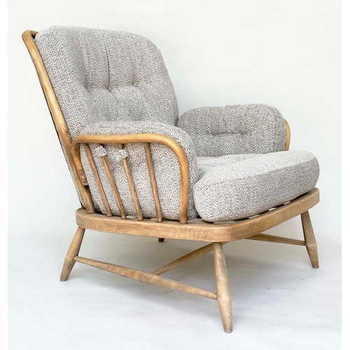 116 - ERCOL SOFA AND ARMCHAIR, beech framed with Herringbone natural linen upholstery with button backs, b... 