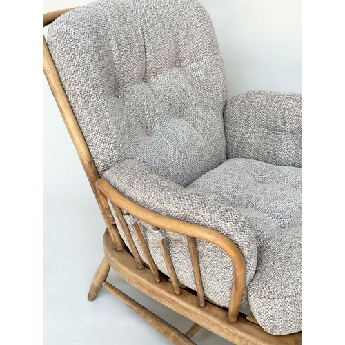 116 - ERCOL SOFA AND ARMCHAIR, beech framed with Herringbone natural linen upholstery with button backs, b... 