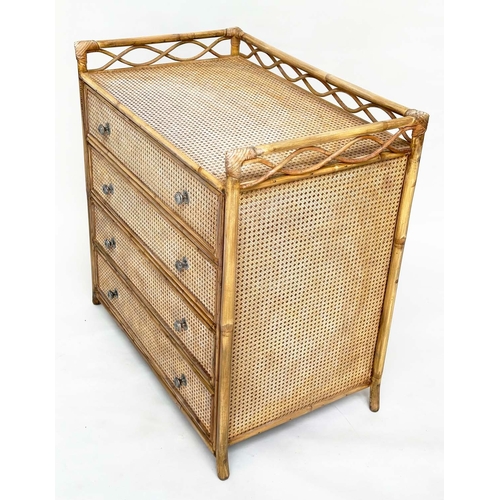 117 - BAMBOO CHEST, rattan framed and cane panelled with gallery and four long drawers.