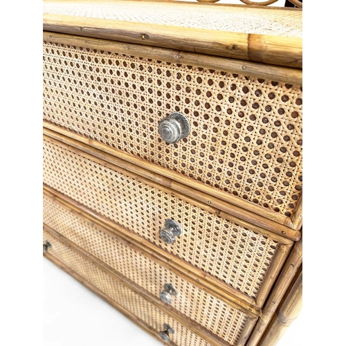 117 - BAMBOO CHEST, rattan framed and cane panelled with gallery and four long drawers.