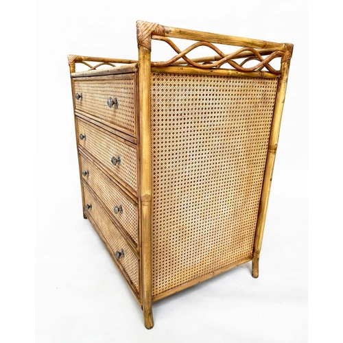 117 - BAMBOO CHEST, rattan framed and cane panelled with gallery and four long drawers.