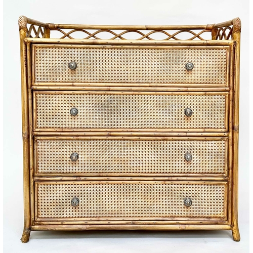 117 - BAMBOO CHEST, rattan framed and cane panelled with gallery and four long drawers.