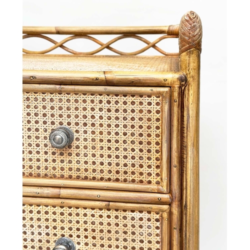 117 - BAMBOO CHEST, rattan framed and cane panelled with gallery and four long drawers.