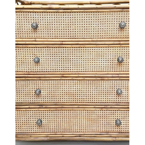 117 - BAMBOO CHEST, rattan framed and cane panelled with gallery and four long drawers.