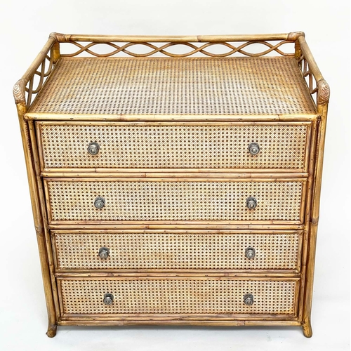 117 - BAMBOO CHEST, rattan framed and cane panelled with gallery and four long drawers.