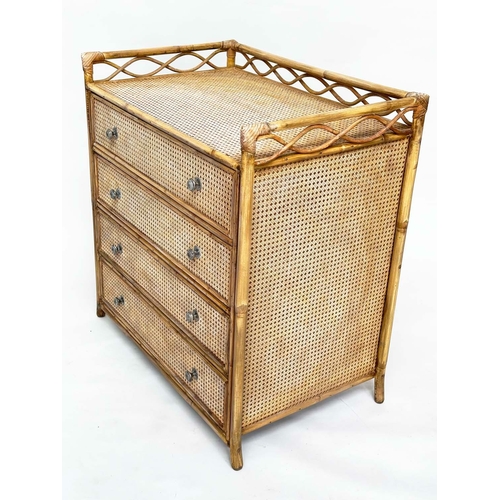 117 - BAMBOO CHEST, rattan framed and cane panelled with gallery and four long drawers.