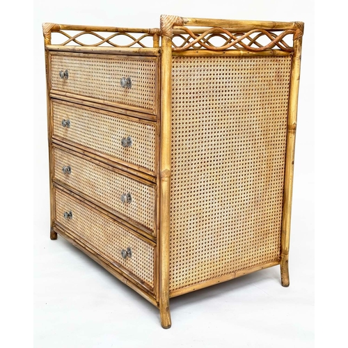 117 - BAMBOO CHEST, rattan framed and cane panelled with gallery and four long drawers.