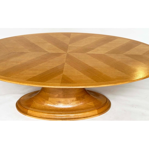 118 - DINING TABLE, Art Deco style oak oval 'parquet' top on substantial oak blocked conforming base, 210c... 