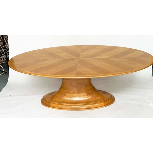 118 - DINING TABLE, Art Deco style oak oval 'parquet' top on substantial oak blocked conforming base, 210c... 