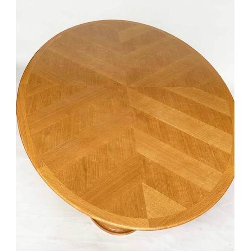 118 - DINING TABLE, Art Deco style oak oval 'parquet' top on substantial oak blocked conforming base, 210c... 