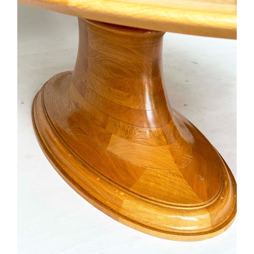 118 - DINING TABLE, Art Deco style oak oval 'parquet' top on substantial oak blocked conforming base, 210c... 