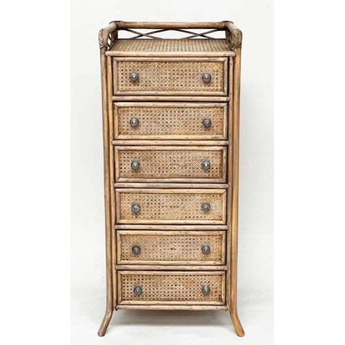 119 - BAMBOO TALL CHEST, rattan framed and cane panelled with six drawers and gallery, 110cm x 45cm D x 46... 