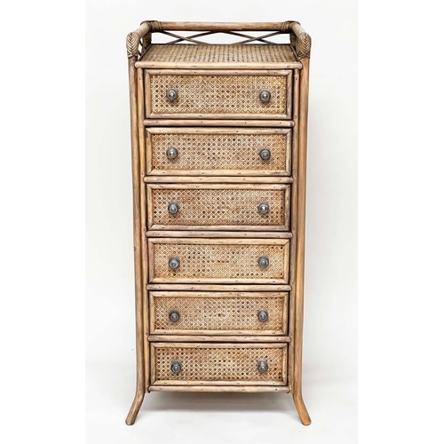 119 - BAMBOO TALL CHEST, rattan framed and cane panelled with six drawers and gallery, 110cm x 45cm D x 46... 