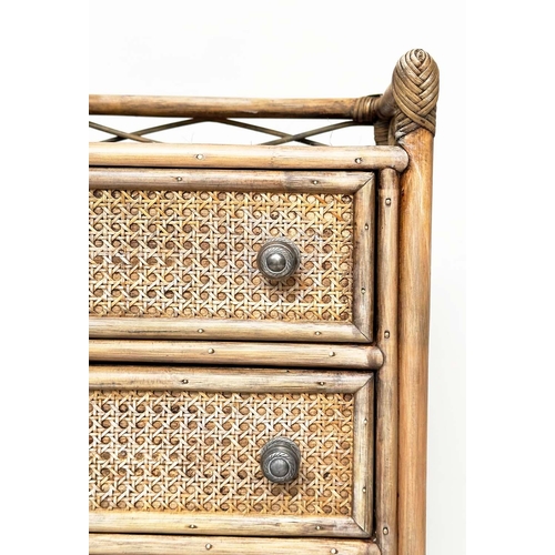 119 - BAMBOO TALL CHEST, rattan framed and cane panelled with six drawers and gallery, 110cm x 45cm D x 46... 