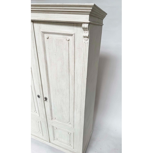 120 - ARMOIRE, 19th century French traditionally grey painted with two panelled doors enclosing full lengt... 