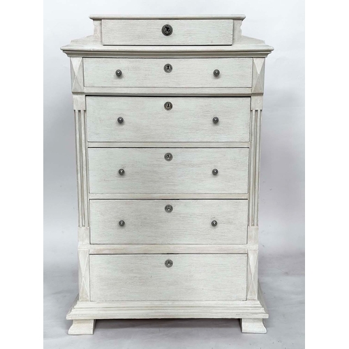 122 - TALL CHEST, 19th century French Napoleon III grey painted with shaped top and six drawers, 142cm H x... 